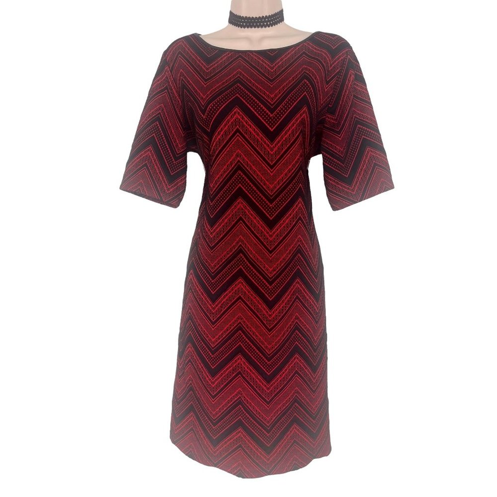 Size 12 RED/BLACK CHEVRON KNIT BODYCON SHEATH DRESS Day/Evening All-Season